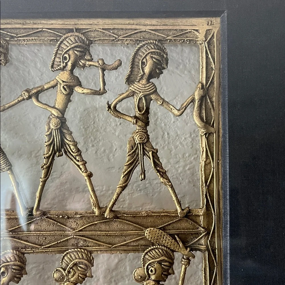 Vintage Dhokra Brass Tribal Wall Art Framed Indian Folk Dancing Figures 13”